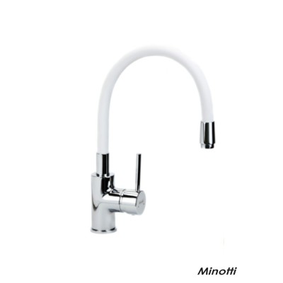 Baterija za sudoperu Minotti Tubo 6129-3W ima moderno fleksibilno crevo u beloj boji