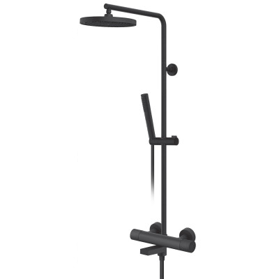 Jednoručna zidna baterija za tuš kadu sa usponskim tušem, ručnim tušem i izlivom Rosan Stolz S4 Black 437351B