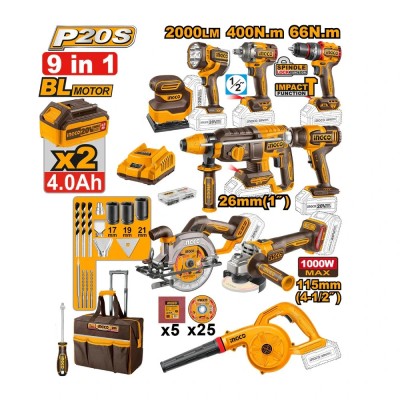 Akumulatorski set alata SUPER INGCO COSLI250381E sadrži 9 alata sa baterijama i punjačem